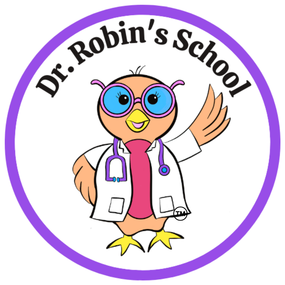 logo consisting of purple circle with a drawing of a robin bird in a white coat with a stethoscope and glasses