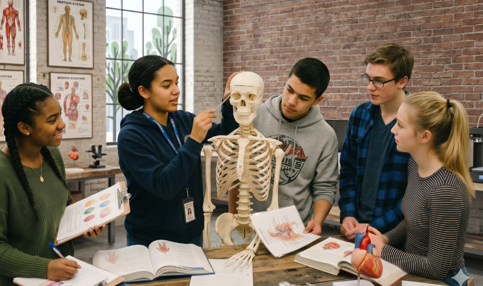 students looking at a skeleton together and learning medical biology for high schoolers