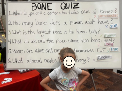 Cute little girl with her face covered for privacy standing in front of a bone quiz