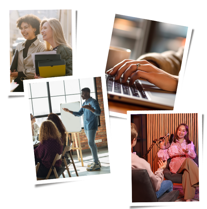 two women talking, hands on a computer, some guy presenting, two people doing an interview with a mic