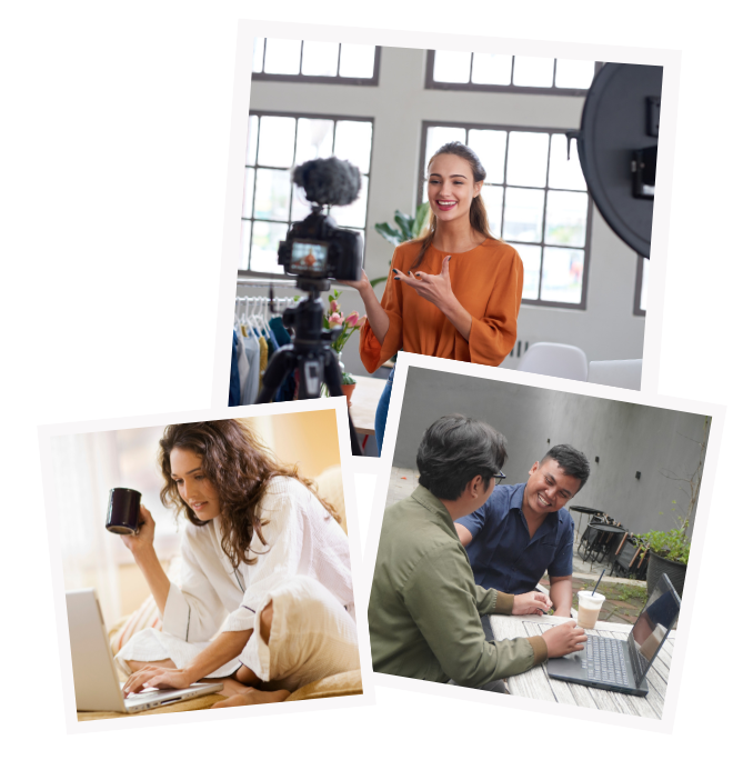 woman recording a video, another woman with coffee learning over her laptop (don't spill!), two guys chatting, one with his back to us