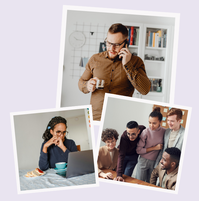 a guy on the phone drinking coffee, a woman at a computer with a snack, five people looking at a computer but probably hungry because there's no food in sight