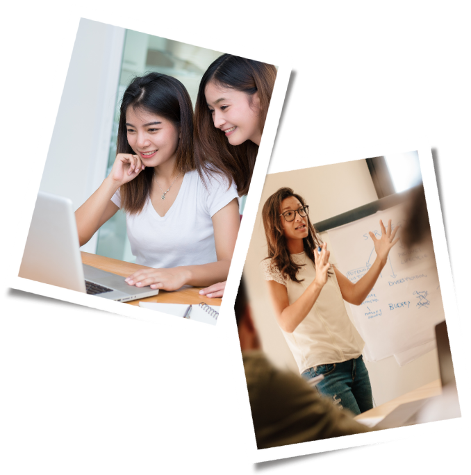 two women looking at a computer screen and seem weirdly interested in it, a woman presenting