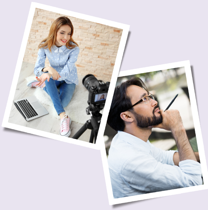 a woman speaking to a camera and a man looking off into the middle distance and thinking