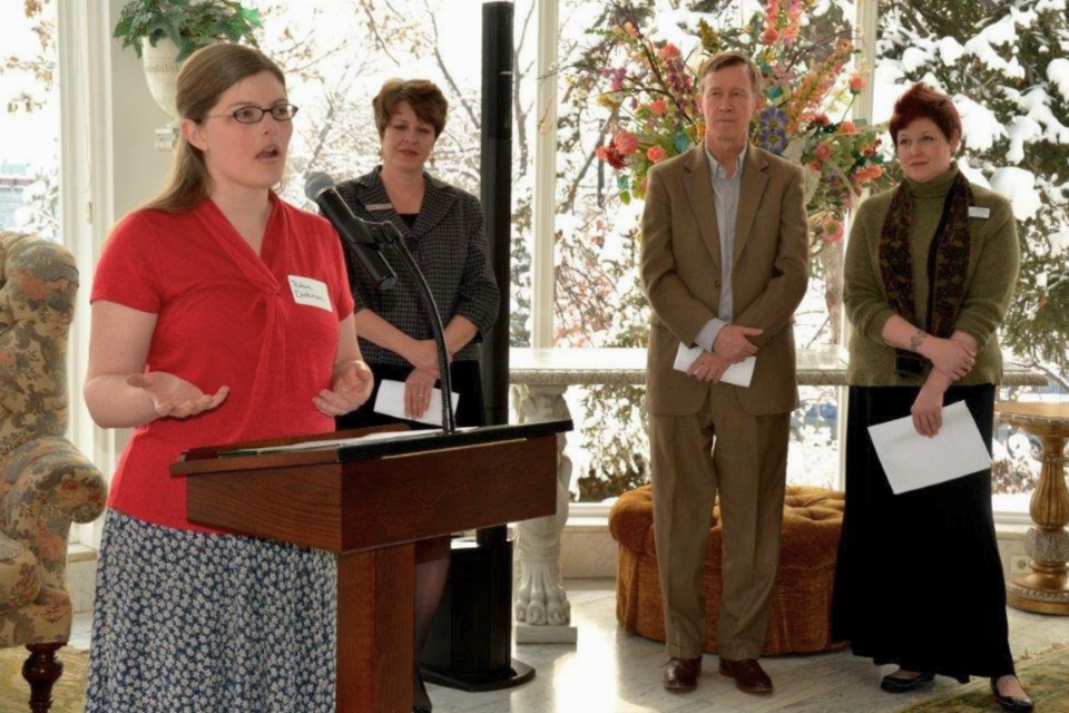 Dr. Robin Dickinson speaking at Hunger advocacy event Governor's Mansion Denver, Colorado, Governor Hickenlooper present